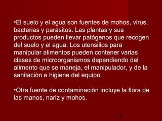 •El suelo y el agua son fuentes de mohos, virus,
bacterias y parásitos. Las plantas y sus
productos pueden llevar patógenos que recogen
del suelo y el agua. Los utensilios para
manipular alimentos pueden contener varias
clases de microorganismos dependiendo del
alimento que se maneja, el manipulador, y de la
sanitaciòn e higiene del equipo.

•Otra fuente de contaminación incluye la flora de
las manos, nariz y mohos.

                                     12
 