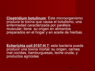 Clostridium botulinum: Este microorganismo
produce la toxina que causa el botulismo, una
enfermedad caracterizada por parálisis
muscular; tiene su origen en alimentos
preparados en el hogar y en aceite de hierbas.


Echerichia coli 0157:H 7; esta bacteria puede
producir una toxina mortal; su origen, carnes
mal cocidas, hamburguesas, leche cruda, y
productos agrícolas

                                     14
 