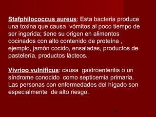 Stafphilococcus aureus: Esta bacteria produce
una toxina que causa vómitos al poco tiempo de
ser ingerida; tiene su origen en alimentos
cocinados con alto contenido de proteína ,
ejemplo, jamón cocido, ensaladas, productos de
pastelería, productos lácteos.

Vivrioo vulnificus: causa gastroenteritis o un
síndrome conocido como septicemia primaria.
Las personas con enfermedades del hígado son
especialmente de alto riesgo.


                                     17
 
