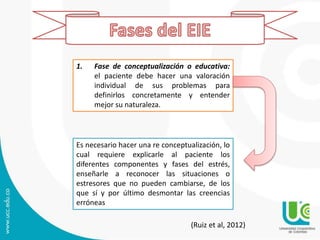 Es necesario hacer una re conceptualización, lo
cual requiere explicarle al paciente los
diferentes componentes y fases del estrés,
enseñarle a reconocer las situaciones o
estresores que no pueden cambiarse, de los
que sí y por último desmontar las creencias
erróneas
1. Fase de conceptualización o educativa:
el paciente debe hacer una valoración
individual de sus problemas para
definirlos concretamente y entender
mejor su naturaleza.
(Ruiz et al, 2012)
 