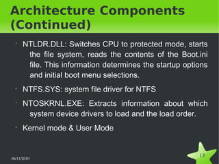 06/11/2010  
13
Architecture Components
(Continued)
•
NTLDR.DLL: Switches CPU to protected mode, starts
the file system, reads the contents of the Boot.ini
file. This information determines the startup options
and initial boot menu selections.
•
NTFS.SYS: system file driver for NTFS
•
NTOSKRNL.EXE: Extracts information about which
system device drivers to load and the load order.
•
Kernel mode & User Mode
 