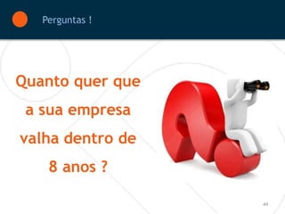Perguntas !




Quanto quer que
 a sua empresa
valha dentro de
    8 anos ?

                  44
 