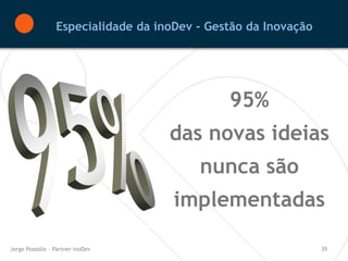 Especialidade da inoDev - Gestão da Inovação




                                              95%
                                    das novas ideias
                                         nunca são
                                     implementadas

Jorge Possollo – Partner inoDev                                 39
 