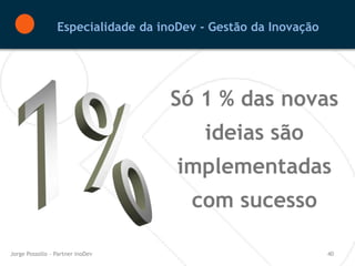 Especialidade da inoDev - Gestão da Inovação




                                    Só 1 % das novas
                                         ideias são
                                     implementadas
                                       com sucesso

Jorge Possollo – Partner inoDev                                 40
 