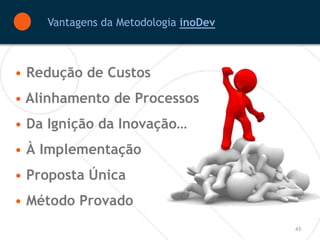 Vantagens da Metodologia inoDev



• Redução de Custos
• Alinhamento de Processos
• Da Ignição da Inovação…
• À Implementação
• Proposta Única
• Método Provado
                                      43
 
