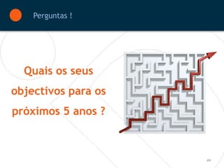 Perguntas !




  Quais os seus
objectivos para os
próximos 5 anos ?



                     44
 