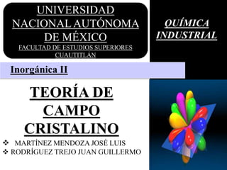 QUÍMICA 
INDUSTRIAL 
UNIVERSIDAD 
NACIONAL AUTÓNOMA 
DE MÉXICO 
FACULTAD DE ESTUDIOS SUPERIORES 
CUAUTITLÁN 
Inorgánica II 
TEORÍA DE 
CAMPO 
CRISTALINO 
 MARTÍNEZ MENDOZA JOSÉ LUIS 
 RODRÍGUEZ TREJO JUAN GUILLERMO 
 