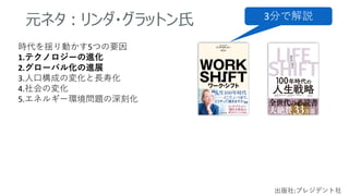 元ネタ：リンダ・グラットン氏
出版社:プレジデント社
時代を揺り動かす5つの要因
1.テクノロジーの進化
2.グローバル化の進展
3.人口構成の変化と長寿化
4.社会の変化
5.エネルギー環境問題の深刻化
3分で解説
 