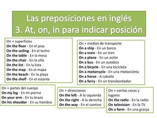 On + superficies
On the floor - En el piso
On the ceiling - En el techo
On the table - En la mesa
On the chair - En la silla
On the list - En la lista
On the map - En el mapa
On the beach - En la playa
On the shelf - En el estante
On + medios de transporte
On a ship - En un barco
On a train - En un tren
On a plane - En un avión
On a bus - En un autobús
On a bicycle - En una bicicleta
On a motorcycle - En una motocicleta
On a horse - A caballo
On a ferry - En un transbordador
On + direcciones
On the left - A la izquierda
On the right - A la derecha
On the way - En el camino
On + partes del cuerpo
On my leg - En mi pierna
On your arm - En tu brazo
On his shoulder - En su hombro
On + ciertas cosas y
lugares
On the radio - En la radio
On television - En la TV
On a farm - En una granja
 