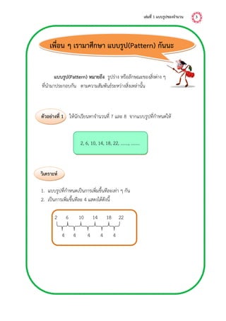 เล่มที่ 1 แบบรูปของจำนวน 3
เพื่อน ๆ เรามาศึกษา แบบรูป(Pattern) กันนะ
แบบรูป(Pattern) หมำยถึง รูปร่าง หรือลักษณะของสิ่งต่าง ๆ
ที่นามาประกอบกัน ตามความสัมพันธ์ระหว่างสิ่งเหล่านั้น
ตัวอย่ำงที่ 1 ให้นักเรียนหาจานวนที่ 7 และ 8 จากแบบรูปที่กาหนดให้
2, 6, 10, 14, 18, 22, ……., ……..
วิเครำะห์
1. แบบรูปที่กาหนดเป็นการเพิ่มขึ้นทีละเท่า ๆ กัน
2. เป็นการเพิ่มขึ้นทีละ 4 แสดงได้ดังนี้
2 6 10 14 18 22
4 4 4 4 4
 