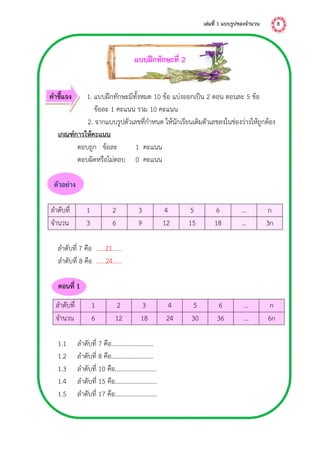 เล่มที่ 1 แบบรูปของจำนวน 8
แบบฝึกทักษะที่ 2
คำชี้แจง 1. แบบฝึกทักษะมีทั้งหมด 10 ข้อ แบ่งออกเป็น 2 ตอน ตอนละ 5 ข้อ
ข้อละ 1 คะแนน รวม 10 คะแนน
2. จากแบบรูปตัวเลขที่กาหนด ให้นักเรียนเติมตัวเลขลงในช่องว่างให้ถูกต้อง
เกณฑ์กำรให้คะแนน
ตอบถูก ข้อละ 1 คะแนน
ตอบผิดหรือไม่ตอบ 0 คะแนน
ตัวอย่ำง
ลาดับที่ 1 2 3 4 5 6 … n
จานวน 3 6 9 12 15 18 … 3n
ลาดับที่ 7 คือ ……21……
ลาดับที่ 8 คือ ……24……
ตอนที่ 1
1.1 ลาดับที่ 7 คือ………………………
1.2 ลาดับที่ 8 คือ………………………
1.3 ลาดับที่ 10 คือ………………………
1.4 ลาดับที่ 15 คือ………………………
1.5 ลาดับที่ 17 คือ………………………
ลาดับที่ 1 2 3 4 5 6 … n
จานวน 6 12 18 24 30 36 … 6n
 
