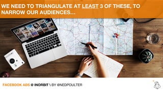 WE NEED TO TRIANGULATE AT LEAST 3 OF THESE, TO
NARROW OUR AUDIENCES…
FACEBOOK ADS @ INORBIT  BY @NEDPOULTER
 