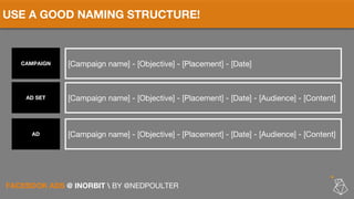 USE A GOOD NAMING STRUCTURE!
[Campaign name] - [Objective] - [Placement] - [Date] - [Audience] - [Content]
FACEBOOK ADS @ ...