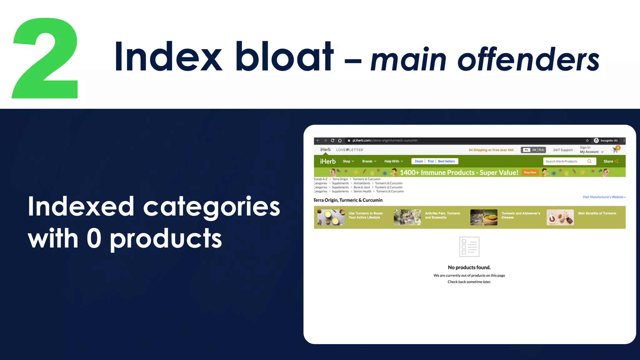2 Index bloat – main offenders
Indexed categories
with 0 products
 