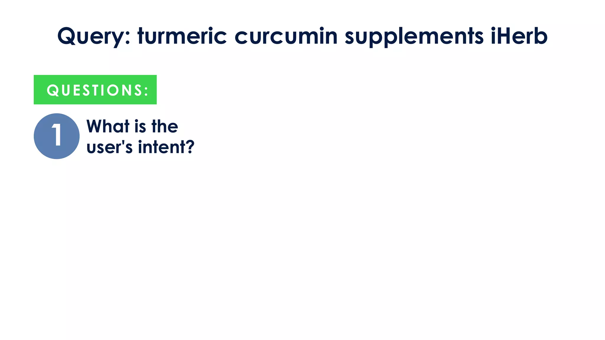What is the
user's intent?
QUESTIONS:
1
Query: turmeric curcumin supplements iHerb
 
