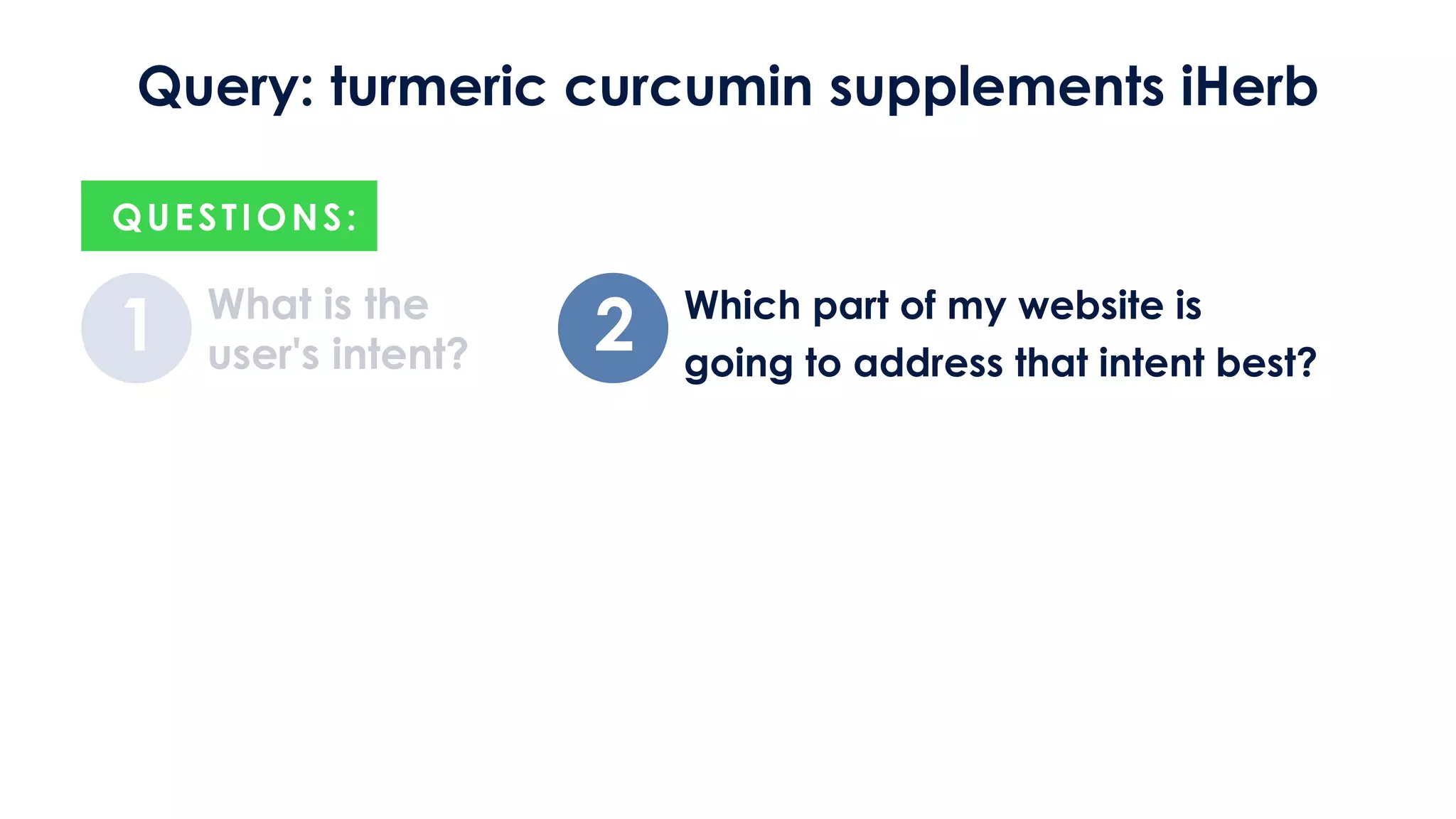 What is the
user's intent?
QUESTIONS:
1 Which part of my website is
going to address that intent best?
2
Query: turmeric curcumin supplements iHerb
 