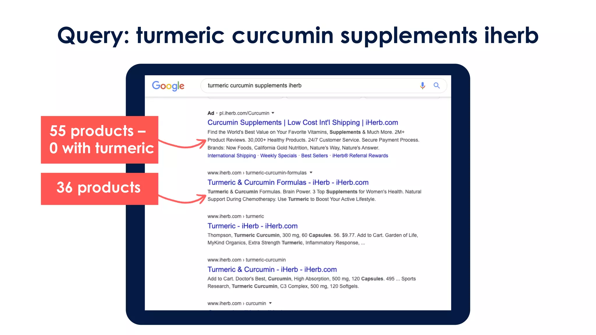 Query: turmeric curcumin supplements iherb
55 products –
0 with turmeric
36 products
 