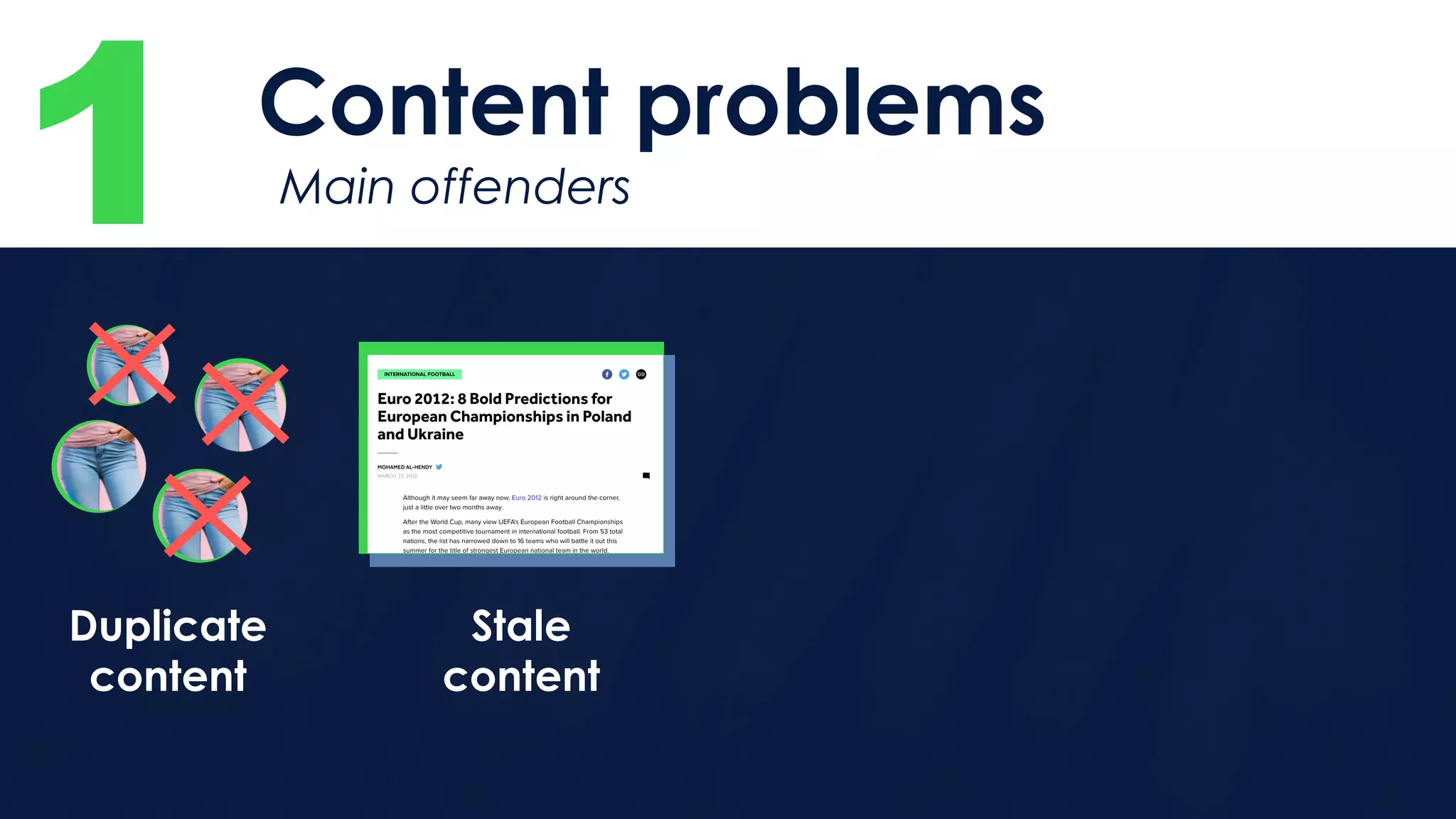 1 Content problems
Main offenders
Duplicate
content
Stale
content
 