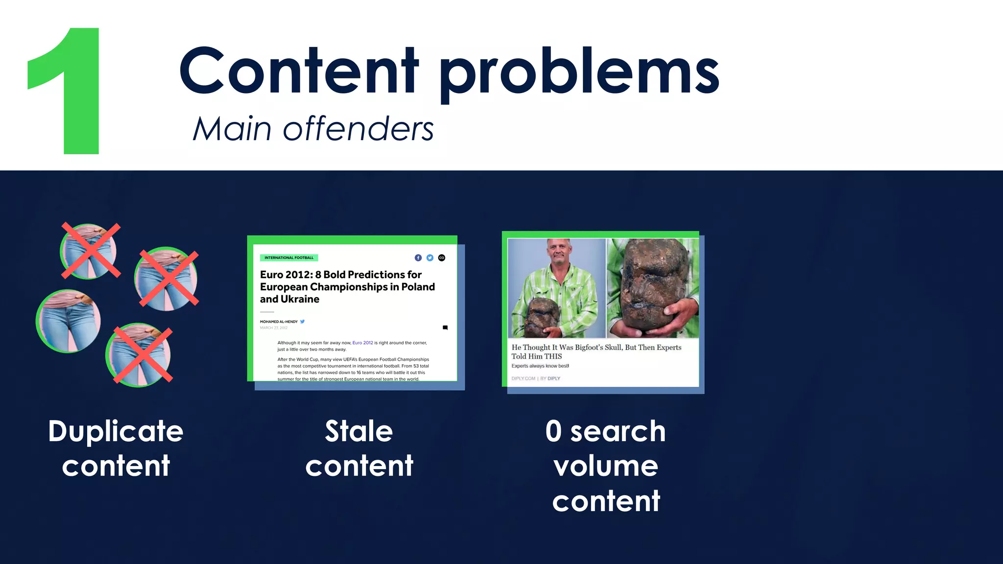1 Content problems
Main offenders
Duplicate
content
Stale
content
0 search
volume
content
 