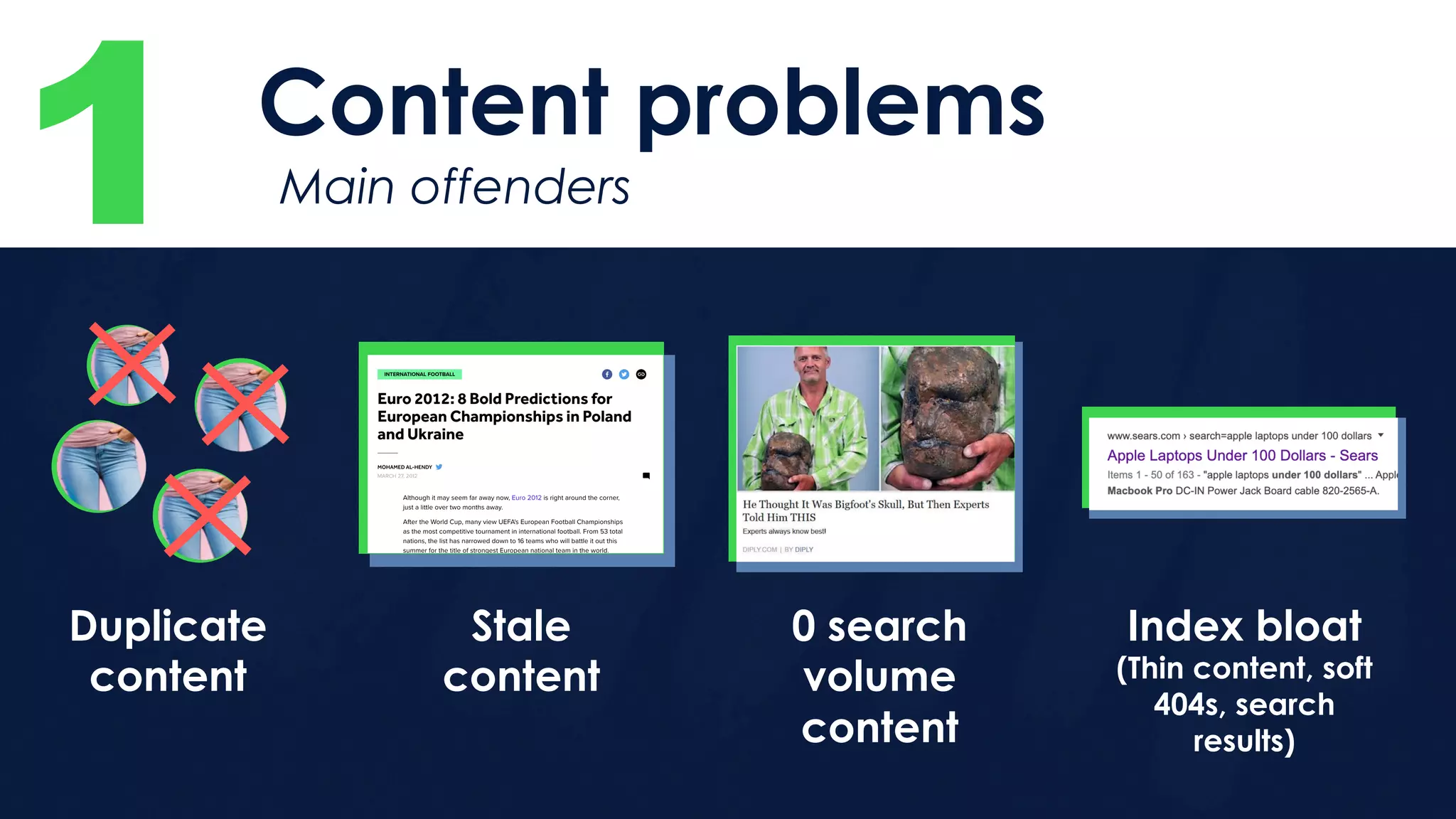1 Content problems
Main offenders
Duplicate
content
Stale
content
0 search
volume
content
Index bloat
(Thin content, soft
404s, search
results)
 