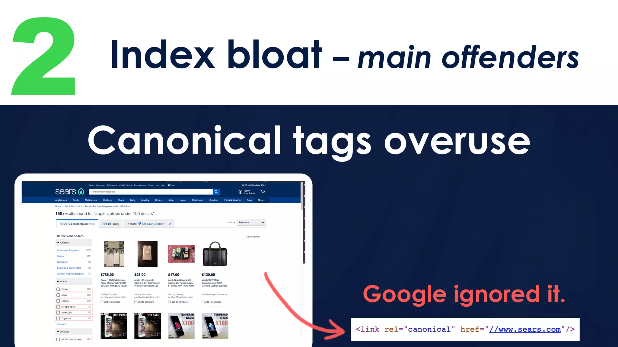 2 Index bloat – main offenders
Canonical tags overuse
Google ignored it.
 