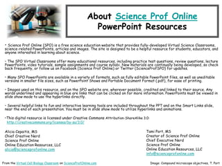 About Science Prof Online
PowerPoint Resources
• Science Prof Online (SPO) is a free science education website that provides fully-developed Virtual Science Classrooms,
science-related PowerPoints, articles and images. The site is designed to be a helpful resource for students, educators, and
anyone interested in learning about science.
• The SPO Virtual Classrooms offer many educational resources, including practice test questions, review questions, lecture
PowerPoints, video tutorials, sample assignments and course syllabi. New materials are continually being developed, so check
back frequently, or follow us on Facebook (Science Prof Online) or Twitter (ScienceProfSPO) for updates.
• Many SPO PowerPoints are available in a variety of formats, such as fully editable PowerPoint files, as well as uneditable
versions in smaller file sizes, such as PowerPoint Shows and Portable Document Format (.pdf), for ease of printing.
• Images used on this resource, and on the SPO website are, wherever possible, credited and linked to their source. Any
words underlined and appearing in blue are links that can be clicked on for more information. PowerPoints must be viewed in
slide show mode to use the hyperlinks directly.
• Several helpful links to fun and interactive learning tools are included throughout the PPT and on the Smart Links slide,
near the end of each presentation. You must be in slide show mode to utilize hyperlinks and animations.
•This digital resource is licensed under Creative Commons Attribution-ShareAlike 3.0:
http://creativecommons.org/licenses/by-sa/3.0/
Alicia Cepaitis, MS
Chief Creative Nerd
Science Prof Online
Online Education Resources, LLC
alicia@scienceprofonline.com
From the Virtual Cell Biology Classroom on ScienceProfOnline.com Image: Compound microscope objectives, T. Port
Tami Port, MS
Creator of Science Prof Online
Chief Executive Nerd
Science Prof Online
Online Education Resources, LLC
info@scienceprofonline.com
 