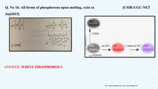 Q. No 16: All forms of phosphorous upon melting, exist as [CSIR-UGC-NET
Jun2015]
ANSWER: WHITE PHOSPHOROUS
DR. A. ANTO AROCKIA RAJ, SXC, PALAYAMKOTTAI.
 