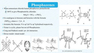  When ammonium chloride heated phosphorous pentachloride
at 146℃ to give Phosphonitrilic chlorides
NH4Cl + PCl5 → PNCl2
It is analogous to benzene and borazine with the formula
(NPX2)n, where n = 3,4…8.
Aromatic like benzene. N is sp2 & P is sp3 hybridised respectively.
Trimer is cyclic, planar but not all Phosphazenes.
Craig and Paddock model- p- d interaction.
Dewar model- island model
DR. A. ANTO AROCKIA RAJ, SXC, PALAYAMKOTTAI.
Phosphazenes
 