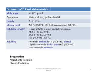 Occurrence AND Physical characteristics:
Molar mass 68.9953 g/mol
Appearance white or slightly yellowish solid
Density 2.168 g/cm
3
Melting point 271 °C (520 °F; 544 K) (decomposes at 320 °C)
Solubility in water Is very soluble in water and is hygroscopic.
71.4 g/100 mL (0 °C)
84.8 g/100 mL (25 °C)
160 g/100 mL (100 °C)
Solubility soluble in methanol (4.4 g/100 mL) ethanol
slightly soluble in diethyl ether (0.3 g/100 mL)
very soluble in ammonia
Pharmaceutical Chemistry by Dr. Asma
Ahmed
35
Preparation
•Inject able Solution
•Topical Solution
 