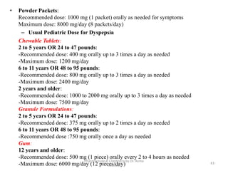 • Powder Packets:
Recommended dose: 1000 mg (1 packet) orally as needed for symptoms
Maximum dose: 8000 mg/day (8 packets/day)
– Usual Pediatric Dose for Dyspepsia
Chewable Tablets:
2 to 5 years OR 24 to 47 pounds:
-Recommended dose: 400 mg orally up to 3 times a day as needed
-Maximum dose: 1200 mg/day
6 to 11 years OR 48 to 95 pounds:
-Recommended dose: 800 mg orally up to 3 times a day as needed
-Maximum dose: 2400 mg/day
2 years and older:
-Recommended dose: 1000 to 2000 mg orally up to 3 times a day as needed
-Maximum dose: 7500 mg/day
Granule Formulations:
2 to 5 years OR 24 to 47 pounds:
-Recommended dose: 375 mg orally up to 2 times a day as needed
6 to 11 years OR 48 to 95 pounds:
-Recommended dose :750 mg orally once a day as needed
Gum:
12 years and older:
-Recommended dose: 500 mg (1 piece) orally every 2 to 4 hours as needed
-Maximum dose: 6000 mg/day (12 pieces/day) 43
Pharmaceutical Chemistry by Dr. Asma
Ahmed
 