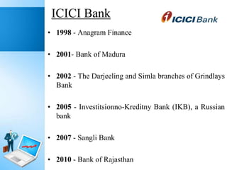 ICICI Bank
• 1998 - Anagram Finance
• 2001- Bank of Madura
• 2002 - The Darjeeling and Simla branches of Grindlays
Bank
• 2005 - Investitsionno-Kreditny Bank (IKB), a Russian
bank

• 2007 - Sangli Bank
• 2010 - Bank of Rajasthan

 