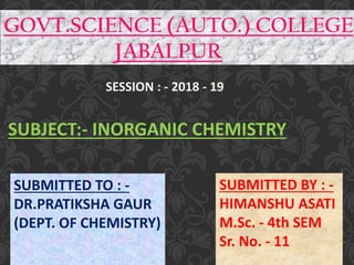 GOVT.SCIENCE (AUTO.) COLLEGE
JABALPUR
SESSION : - 2018 - 19
SUBJECT:- INORGANIC CHEMISTRY
SUBMITTED TO : -
DR.PRATIKSHA GAUR
(DEPT. OF CHEMISTRY)
SUBMITTED BY : -
HIMANSHU ASATI
M.Sc. - 4th SEM
Sr. No. - 11
 