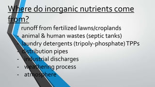 Where do inorganic nutrients come
from?
- runoff from fertilized lawns/croplands
- animal & human wastes (septic tanks)
- laundry detergents (tripoly-phosphate)TPPs
- distribution pipes
- industrial discharges
- weathering process
- atmosphere
 