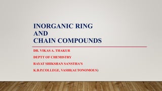 INORGANIC RING
AND
CHAIN COMPOUNDS
DR. VIKAS A. THAKUR
DEPTT OF CHEMISTRY
RAYAT SHIKSHAN SANSTHA’S
K.B.P.COLLEGE, VASHI(AUTONOMOUS)
 