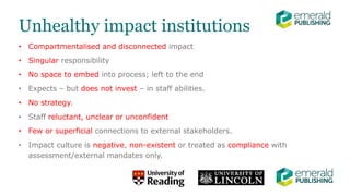 Unhealthy impact institutions
• Compartmentalised and disconnected impact
• Singular responsibility
• No space to embed in...