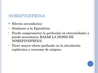 NOREPINEFRINA Efectos secundarios: Similares a la Epinefrina Puede comprometer la perfusión en extremidades y puede necesitarse BAJAR LA DOSIS DE NOREPINEFRINA! Tiene mayor efecto profundo en la circulación esplácnica y consumo de oxígeno. 