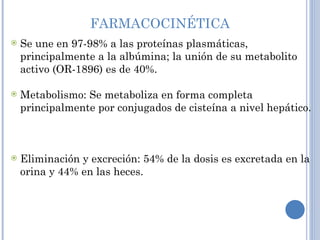 FARMACOCINÉTICA Se une en 97-98% a las proteínas plasmáticas, principalmente a la albúmina; la unión de su metabolito activo (OR-1896) es de 40%. Metabolismo: Se metaboliza en forma completa principalmente por conjugados de cisteína a nivel hepático.  Eliminación y excreción: 54% de la dosis es excretada en la orina y 44% en las heces.  