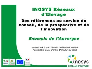 INOSYS Réseaux 
d’Elevage 
Des références au service du 
conseil, de la prospective et de 
l’innovation 
Exemple de l’Auvergne 
Mathilde BONESTEBE, Chambre d’Agriculture d’Auvergne 
Yannick PECHUZAL, Chambre d’Agriculture du Cantal 
 