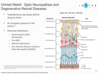 Unmet Need: Optic Neuropathies and
Degenerative Retinal Diseases
• Trabodenoson eye drops deliver
drug to retina
• A1 receptors present in the
retina1-5
• Potential Indications:
– Glaucomatous Optic
Neuropathy
– Dry AMD
– Retinitis Pigmentosa
– Non-Arteritic Anterior Ischemic
Optic Neuropathy (NAION)
BACK OF THE EYE - RETINA
Proprietary & Confidential. Copyright © Inotek Pharmaceuticals Corporation 2000 – 2015. All Rights Reserved.
10
1. Braas KM, Zarbin, MA, Snyder, SH Proc. Natl. Acad. Sci. USA (1987) 84: 3906-3910; 2. Blazynski, C, J. Neurochem.
(1990) 54(2):648-55; 3. Blazynski, C, Exp. Eye. Res. (1993) 56(5):595-9; 4. Iandiev I, Wurm A, Pannicke T, Wiedemann
P, Reichenbach A, Robson SC, Zimmermann H, Bringmann A, Purinergic Signalling (2007) 3:423–433; 5. Kvanta, A et
al, Exp Eye Res (1997) 65: 595-602.
 