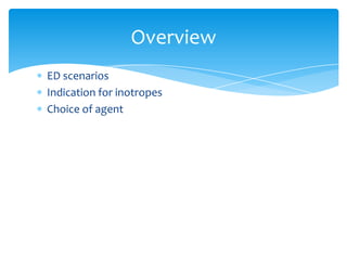 Overview
ED scenarios
Indication for inotropes
Choice of agent

 
