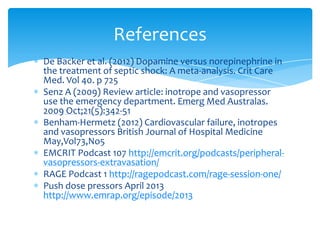 References
De Backer et al. (2012) Dopamine versus norepinephrine in
the treatment of septic shock: A meta-analysis. Crit Care
Med. Vol 40. p 725
Senz A (2009) Review article: inotrope and vasopressor
use the emergency department. Emerg Med Australas.
2009 Oct;21(5):342-51
Benham-Hermetz (2012) Cardiovascular failure, inotropes
and vasopressors British Journal of Hospital Medicine
May,Vol73,No5
EMCRIT Podcast 107 http://emcrit.org/podcasts/peripheralvasopressors-extravasation/
RAGE Podcast 1 http://ragepodcast.com/rage-session-one/
Push dose pressors April 2013
http://www.emrap.org/episode/2013

 