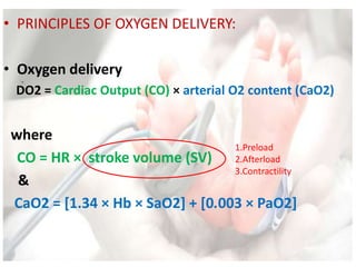 • PRINCIPLES OF OXYGEN DELIVERY:
• Oxygen delivery
DO2 = Cardiac Output (CO) × arterial O2 content (CaO2)
where
CO = HR × stroke volume (SV)
&
CaO2 = [1.34 × Hb × SaO2] + [0.003 × PaO2]
1.Preload
2.Afterload
3.Contractility
 