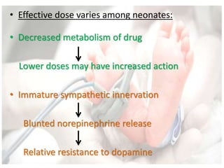 • Effective dose varies among neonates:
• Decreased metabolism of drug
Lower doses may have increased action
• Immature sympathetic innervation
Blunted norepinephrine release
Relative resistance to dopamine
 