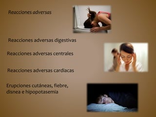 Reacciones adversas
Reacciones adversas digestivas
Reacciones adversas centrales
Reacciones adversas cardiacas
Erupciones cutáneas, fiebre,
disnea e hipopotasemia
 