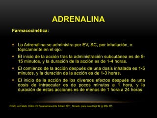ADRENALINA
Farmacocinética:
 La Adrenalina se administra por EV, SC, por inhalación, o
tópicamente en el ojo.
 El inicio de la acción tras la administración subcutánea es de 5-
15 minutos, y la duración de la acción es de 1-4 horas.
 El comienzo de la acción después de una dosis inhalada es 1-5
minutos, y la duración de la acción es de 1-3 horas.
 El inicio de la acción de los diversos efectos después de una
dosis de intraocular es de pocos minutos a 1 hora, y la
duración de estas acciones es de menos de 1 hora a 24 horas
El niño en Estado Critico ,Ed Panamericana 2da Edicion 2011, Donado prena Juan Capit 22 pp 209- 215
 