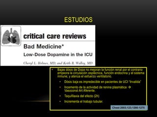 ESTUDIOS
• Bajas dósis de Dopa no mejoran la función renal por el contrario
empeora la circulación esplácnica, función endocrina y el sistema
inmune; y atenúa el esfuerzo ventilatorio.
• Dósis baja es impredecible en pacientes de UCI “Invalida”
• Incemento de la actividad de renina plasmática 
Vasoconst Art Aferente.
• Taquifilaxia del efecto (2h)
• Incrementa el trabajo tubular.
Chest 2003;123;1266-1275
 