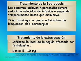 www.reeme.arizona.edu
Tratamiento de la Sobredosis
LosLos sintomassintomas incluyen hipertensiincluyen hipertensióón severan severa
reducir la velocidad dereducir la velocidad de infusioninfusion o suspendero suspender
temporalmente hasta que disminuya.temporalmente hasta que disminuya.
Si no disminuye se puede administrar unSi no disminuye se puede administrar un
bloqueador alfabloqueador alfa--adrenadrenéérgico.rgico.
Tratamiento de la extravasación
•• InfiltraciInfiltracióón local de la regin local de la regióón afectada conn afectada con
fentolaminafentolamina ..
•• Dosis: 5Dosis: 5 --1010 mgmg
Manuel Litter “Compendio de Farmacologia” . 4º edición. Impreso Argentina. 1996
 