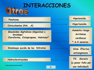 www.reeme.arizona.edu
INTERACCIONES
•• FenitoinaFenitoina
Aumenta riesgoAumenta riesgo
ArritmiasArritmias
cardiacascardiacas
** A.VA.V severas.severas.
HipotensiHipotensióónn..
HipertensiHipertensióónn..
PX. diuresisPX. diuresis
(a pesar falla por(a pesar falla por
uso individual)uso individual)
•• Catecolamina (NA, ,A)Catecolamina (NA, ,A)
•• GlucGlucóósidossidos digitalicosdigitalicos (digoxina) o(digoxina) o
levodopalevodopa::
•• Cloroformo,Cloroformo, CiclopropanoCiclopropano,, HalotanoHalotano**
•• HidroclorotiazidasHidroclorotiazidas
•• Disminuye acciDisminuye accióón de los Nitratosn de los Nitratos DismDism. Efectos. Efectos
antianginososantianginosos
 
