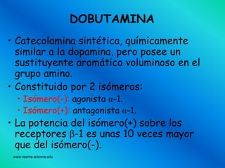 www.reeme.arizona.edu
DOBUTAMINA
• Catecolamina sintética, químicamente
similar a la dopamina, pero posee un
sustituyente aromático voluminoso en el
grupo amino.
• Constituido por 2 isómeros:
• Isómero(-): agonista α-1.
• Isómero(+): antagonista α-1.
• La potencia del isómero(+) sobre los
receptores β-1 es unas 10 veces mayor
que del isómero(-).
 
