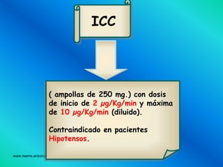 www.reeme.arizona.edu
ICCICC
( ampollas de 250 mg.) con dosis
de inicio de 2 µg/Kg/min y máxima
de 10 µg/Kg/min (diluido).
Contraindicado en pacientes
Hipotensos.
( ampollas de 250 mg.) con dosis
de inicio de 2 µg/Kg/min y máxima
de 10 µg/Kg/min (diluido).
Contraindicado en pacientes
Hipotensos.
 